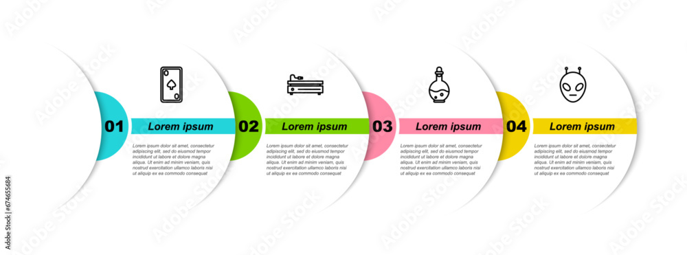 Poster set line playing card with diamonds, video game console, bottle magic elixir and alien. business inf