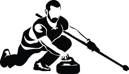 Cartoon Black and White Isolated Illustration Vector Of A Man Curling Sliding Stone - obrazy, fototapety, plakaty