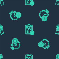 Set line Planning strategy, Stopwatch with basketball ball and Basketball award on seamless pattern. Vector
