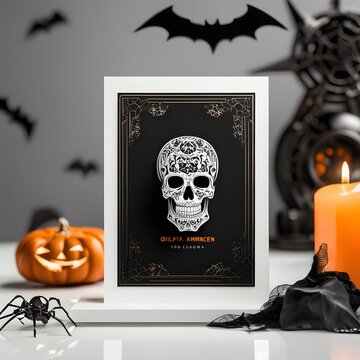 Halloween party invitation mockup, dd rendering. Scary skull, spiders, bats, candles on white background