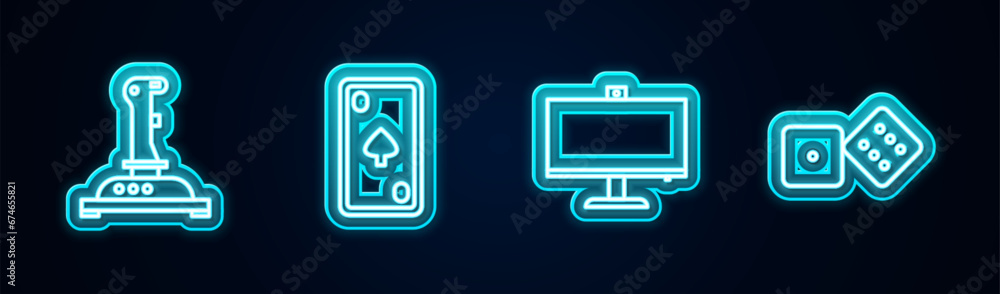 Poster set line joystick for arcade machine, playing card with diamonds, computer monitor and game dice. gl