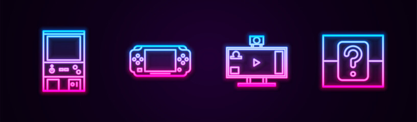 Set line Retro arcade game machine, Portable video console, Live streaming online and Mystery random box. Glowing neon icon. Vector © vector_v