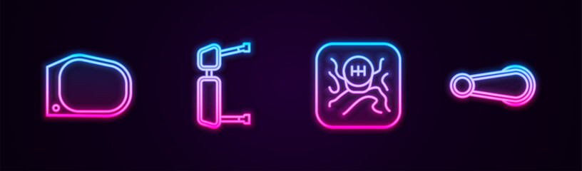 Set line Car mirror, Truck side, Gear shifter and door handle. Glowing neon icon. Vector