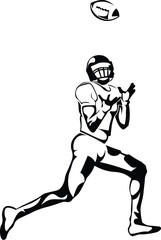Cartoon Black and White Isolated Illustration Vector Of An American Football Player Catching a Ball