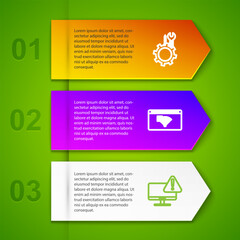 Set line Wrench and screwdriver in gear, No Internet connection, Monitor with exclamation mark and Speech bubble sad smile. Business infographic template. Vector