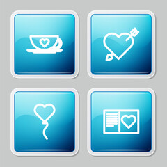 Set line Coffee cup and heart, Amour with arrow, Balloon in form and Valentines day flyer icon. Vector