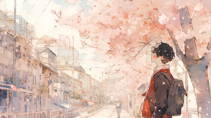 桜を見上げる男子高校生