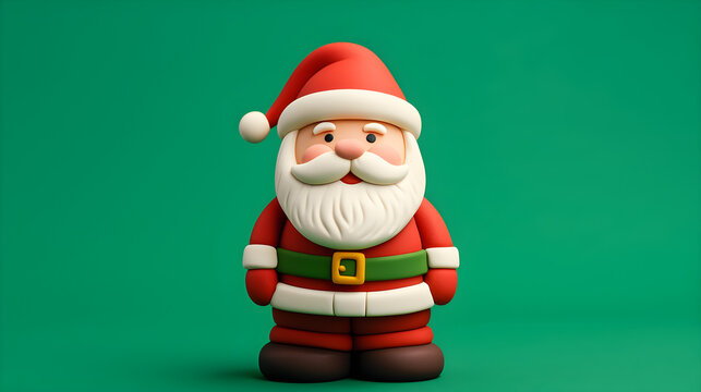 Santa Claus made by clay on green background. Cute Santa for Christmas wallpaper background with text space.