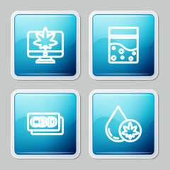 Set line Monitor and marijuana or cannabis, Plastic bag of, Cannabis molecule and Marijuana olive oil icon. Vector