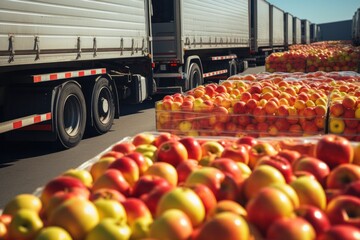 Fruit distribution trucks loaded with containers full of apples ready to be shipped to the market.