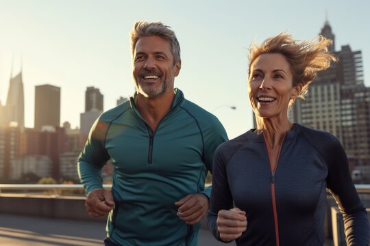 Adult Caucasian couple in sportswear jogging in the morning city. Mature athletic man and woman having fun and smiling while running along the street. Active lifestyle in urban environment.