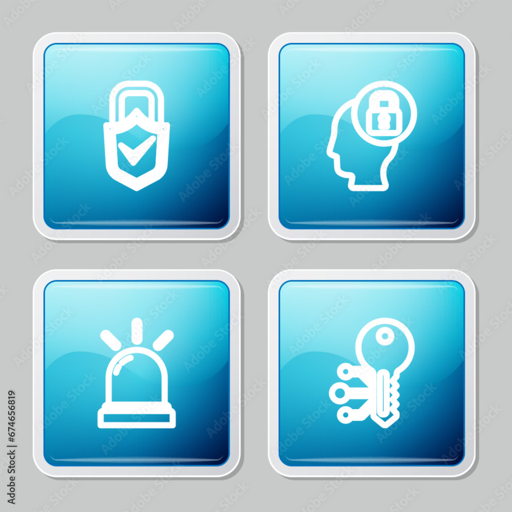 Poster set line lock and check mark, human head with lock, motion sensor and cryptocurrency key icon. vecto