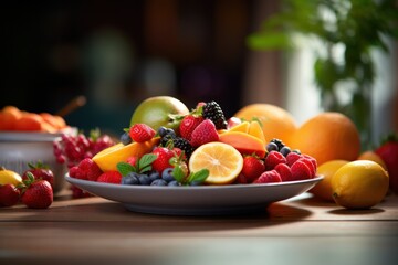 Food with various fruits on the kitchen table
