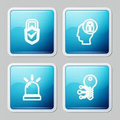 Set line Lock and check mark, Human head with lock, Motion sensor and Cryptocurrency key icon. Vector