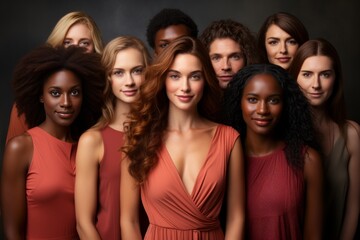 Studio portrait of cheerful smiling young people. A group of millennial friends from different racial, gender, and cultural backgrounds. Concept of diversity, friendship and multi-ethnic youth.