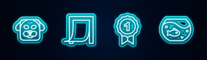 Set line Dog, Door for pet, award symbol and Aquarium with fish. Glowing neon icon. Vector