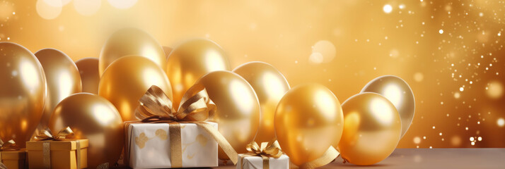 Festive background with golden balls, gift boxes and confetti.