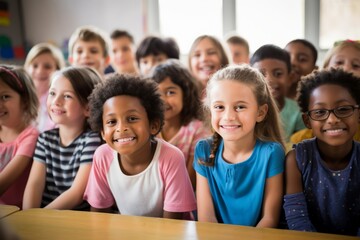 Fototapeta na wymiar Happy diverse schoolchildren looking at camera. Smiling multiethnic kids posing for group portrait in a classroom of elementary school. Boys and girls of different skin colors go to school together.