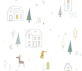 Winter seamless pattern with forest animals and houses