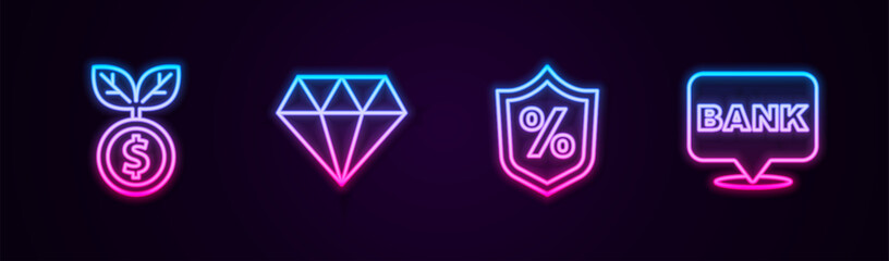 Set line Dollar plant, Diamond, Loan percent and Bank building. Glowing neon icon. Vector