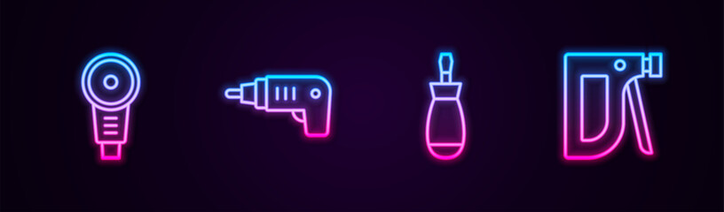 Set line Angle grinder, Electric cordless screwdriver, Screwdriver and Construction stapler. Glowing neon icon. Vector