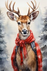 Reindeer domestic animal with santa claus hat watercolor illustration. Christmas Reindeer illustration for children book. Vertical format for banners, posters, advertising. AI generated.