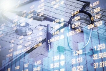 Healthcare business. Stethoscope and computer keyboard