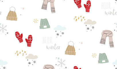 Winter warm cozy seamless pattern with with hats and mittens