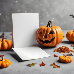 Halloween pumpkin with blank sheet of paper on the table