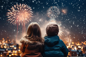 Fototapeta na wymiar Magic night with fireworks two kids sitting together made with Generative AI technology