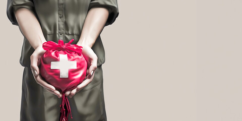 Compassionate person Extends a Helping Hand with Red Aid Bag with White Cross Symbol