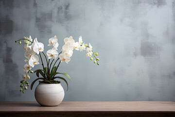 white orchid in a pot with a grunge wall background with copyspace