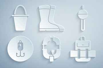 Set Inflatable boat, Fishing float, hook, Hiking backpack, boots and bucket icon. Vector
