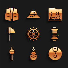 Set Ship steering wheel, Fishing spoon, hook, Spinning reel for fishing, float, net with, Aquarium and jacket icon. Vector