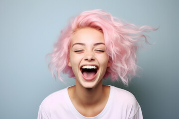 Generative AI portrait of funny young girl with pink flying hair curls laughing feel good
