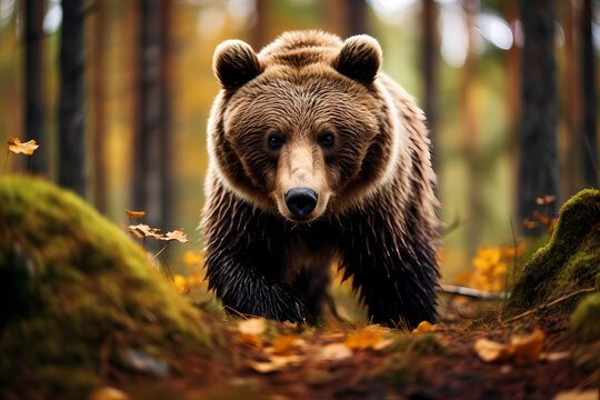 brown bear in the woods, wildlife photography, focused shot. Generative Ai