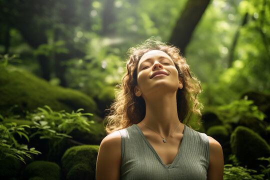 Generative AI portrait of overjoyed young woman spend day green forest feel good