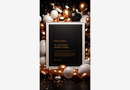 Black Picture Frame with Balloons and Confetti on Gold and White Backgrounds - Birthday Wedding Celebration Frame Mockup