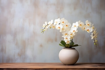 white orchid in a pot with a grunge wall background with copyspace