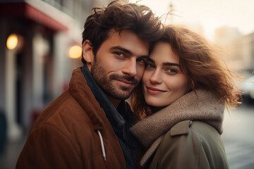Fototapeta premium Picture made with generative AI of handsome man and charming girl in love walking together on an evening date