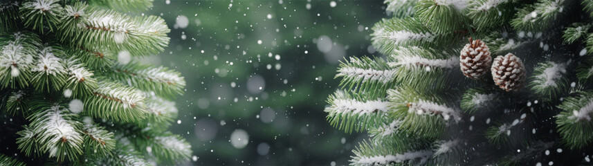 Christmas banner. Green pine tree branches with cones on blurred falling snow background