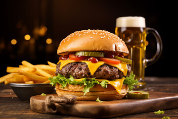 Huge restaurant burger hamburger cheeseburger on plate board with fresh beer glass Generative AI picture - Powered by Adobe