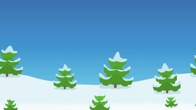 Loop Animation of a snowy fir forest in horizontal scrolling under a sky in a flat design style (background)