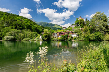 Obraz premium Scenery colorful spring tourist view from the destination and region around Werdenberg Castle, Switzerland or Schloss Werdenberg near the city of Bucks