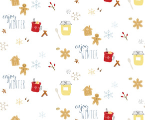 Winter seamless pattern with cups and gingerbread cookies