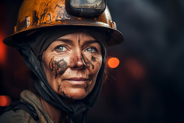 Obraz premium Generative ai technology portrait of mine worker wearing helmet extracting coal resources dirty face