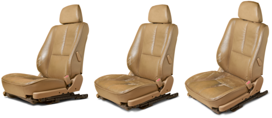used worn leather car seats, beige color seats with wear and tear, including scuffs, creases and scratches, repair and services in leather upholstery restoration concept, isolated on white background