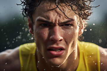 Generative AI picture of serious sweaty concentrated young man running jogging purposeful face wearing activewear