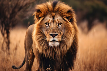 Fototapeta premium Big cat lion in the wild, wildlife photography, focused shot. Generative AI