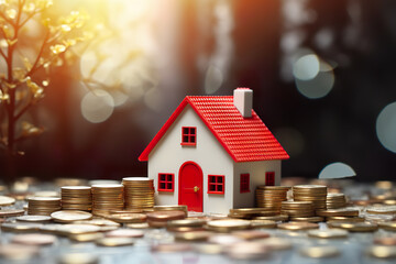 a toy house and coins on top of a background
